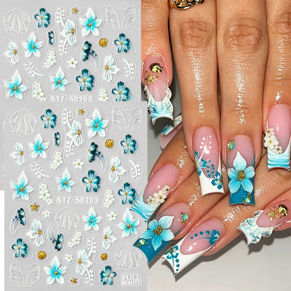 5D Embossed Teal Hibiscus Flower Nail Art Stickers Blue Floral Petal with Golden Starfish Shell French Water Ripple Summer Decal