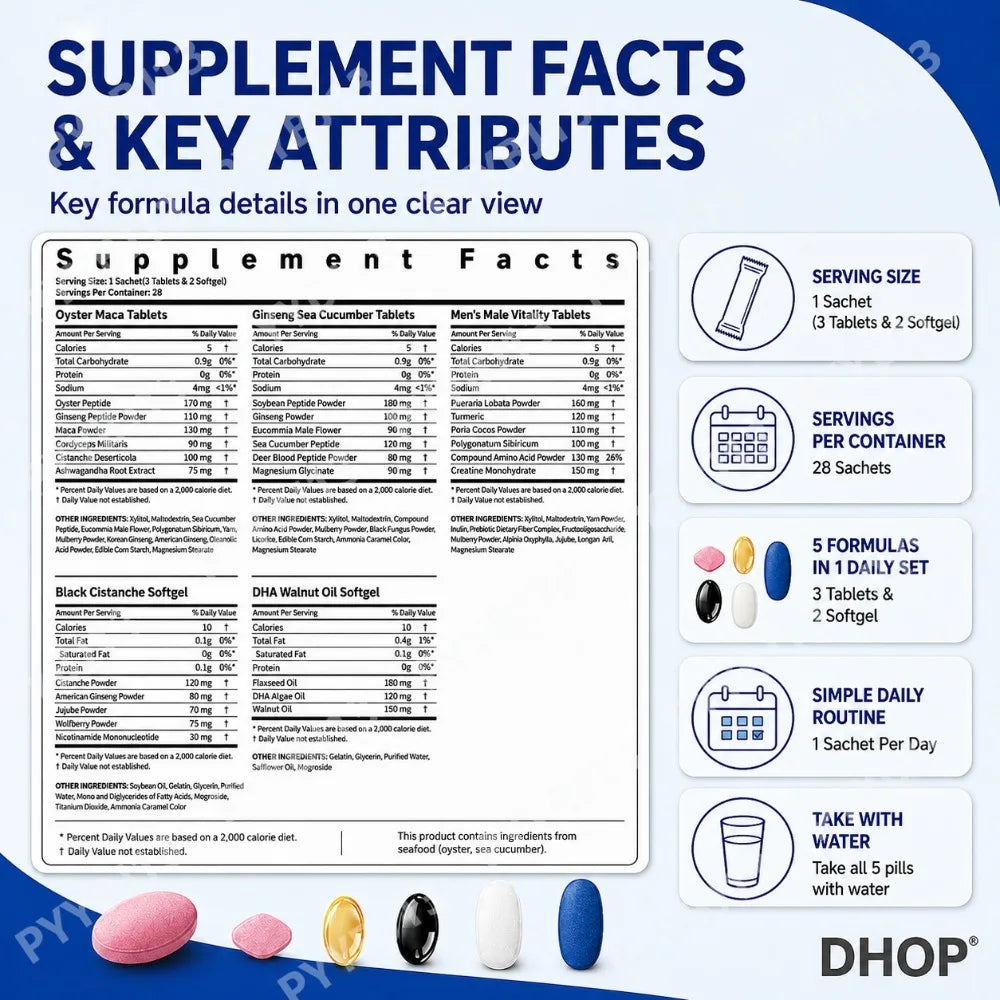 DHOP Men's Vitality Daily Supplement Pack Oyster Maca Cistanche Tablets Ashwagandha NMN DHA Capsules for Men's Energy Support