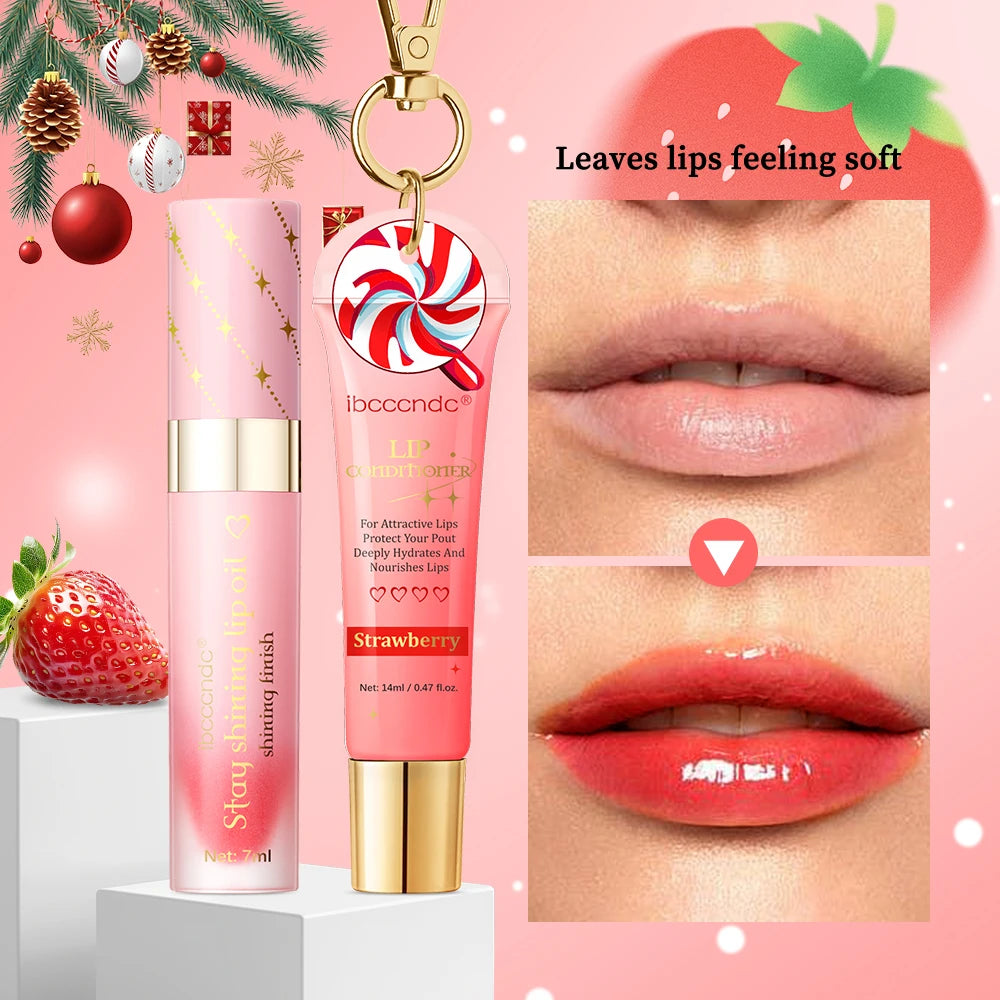 Christmas Gift 3Pcs Glossy Lip Gloss Set Strawberry Lip Balm And Lip Gloss Combo Long Lasting Hydrating Plump Lips