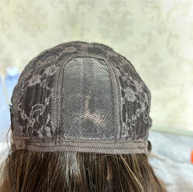 Short Straight Bob with Bangs Ombre Chocolate Brown with Blonde Streaks Synthetic Lace Front Wig Heat Resistant Fibre Wig Daily