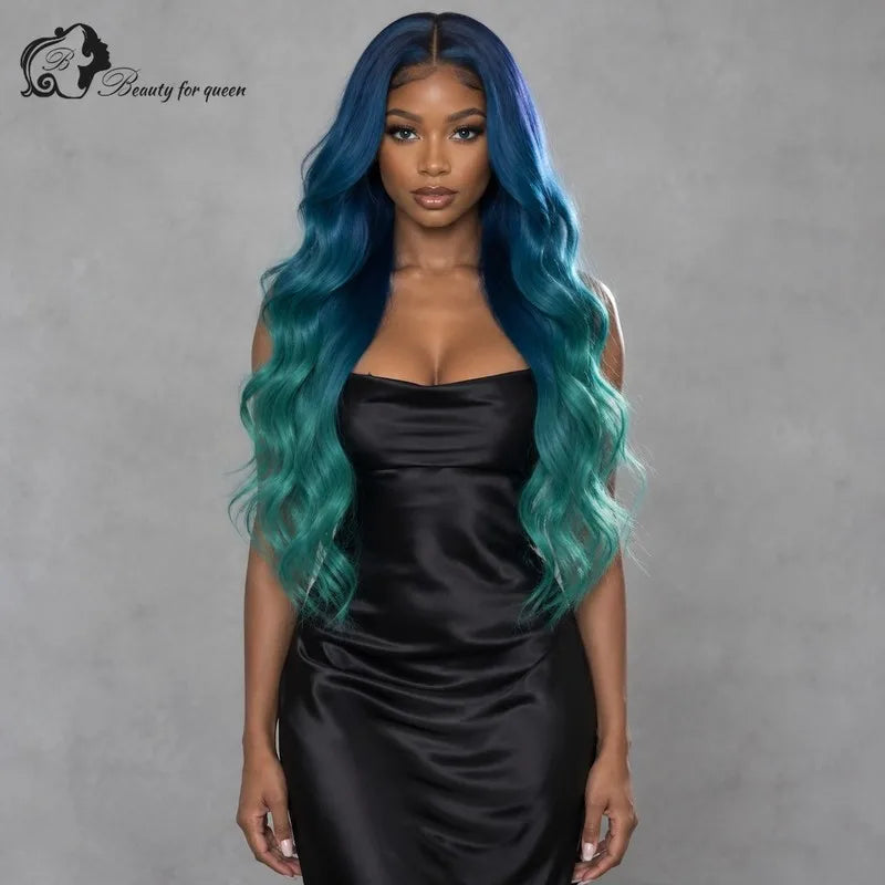 Middle Blue Green Ombre Body Wave Wig Mid Length Heat Friendly New Natural Colored Glossy Brazilian Bold Cosplay Extensions