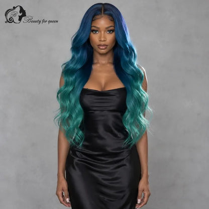 Middle Blue Green Ombre Body Wave Wig Mid Length Heat Friendly New Natural Colored Glossy Brazilian Bold Cosplay Extensions
