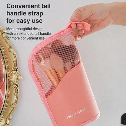 New Standing Makeup Brush Holder Bag 2 in 1 Travel Cosmetic Pouch Mesh Waterproof Portable Toiletry Storage Organizer