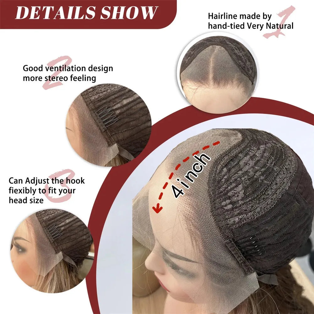 Water Wave Lace Front Wigs with Full Bangs Light Beige Blonde Synthetic Hair Dark Roots Top Wig Fringe Golden Invisible Lace Wig