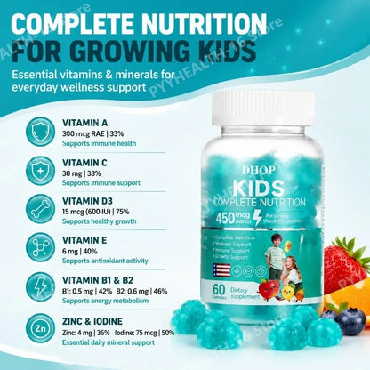 DHOP Kids Multivitamin Gummies Vitamin D3 C Zinc B Vitamins Immune Support Daily Wellness Nutrition Fruit Flavor 60 Gummies