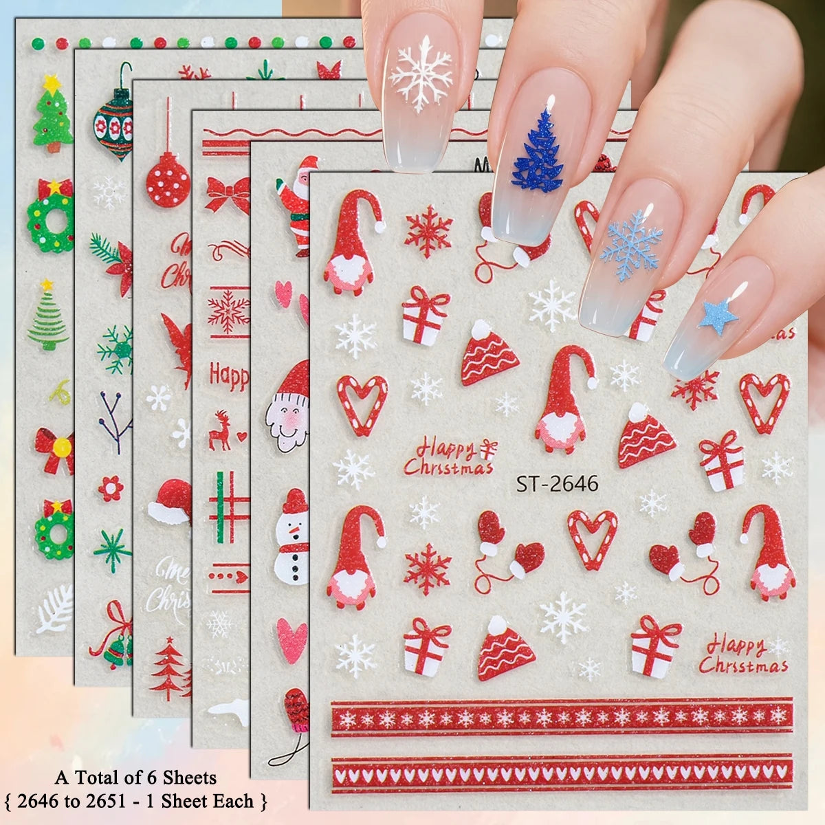 3 to 12 Sheets 3D Christmas Santa Snowman Reindeer Tree Snowflake Lights Gnome Self-Adhesive Nail Art Stickers