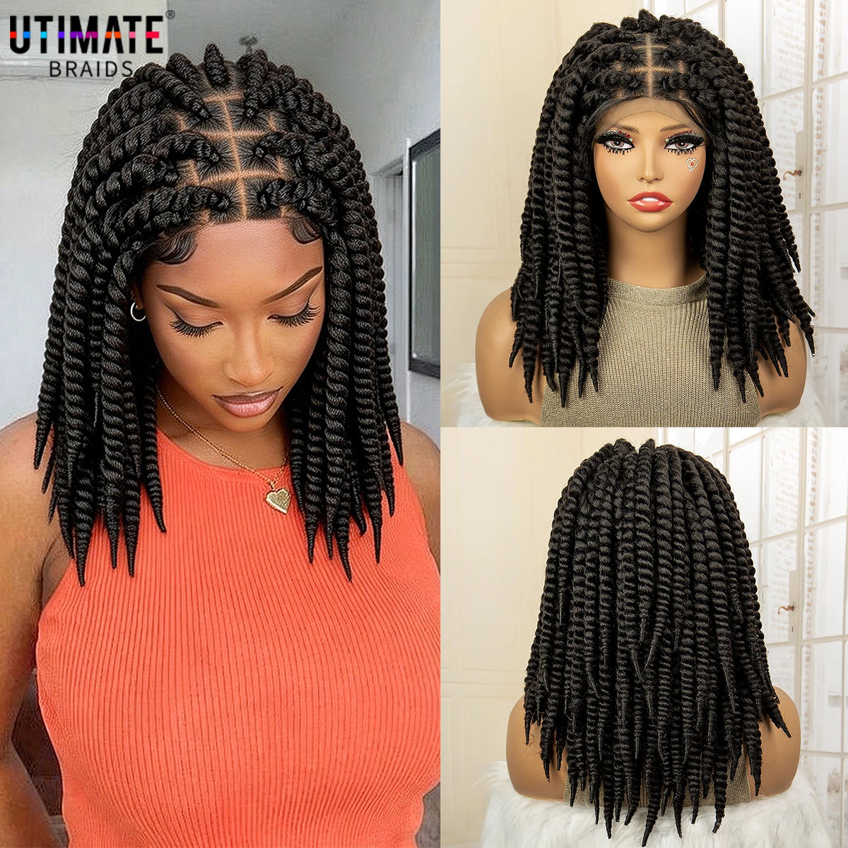 16 Inches Short Synthetic Full Lace Twist Braided Wigs Natural Knotless Box Braiding Wig for Black Women