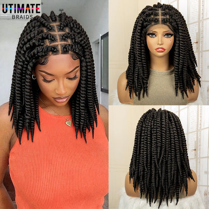 16 Inches Short Synthetic Full Lace Twist Braided Wigs Natural Knotless Box Braiding Wig for Black Women