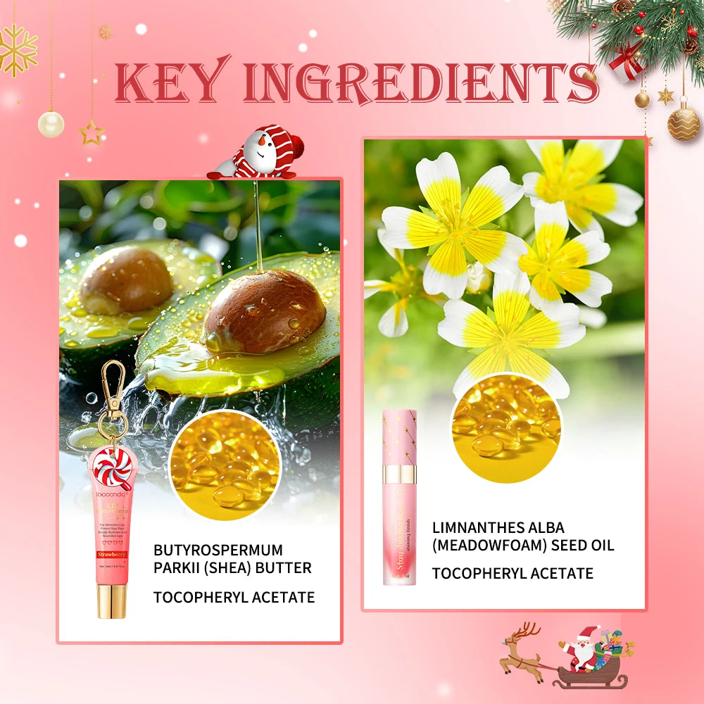 Christmas Gift 3Pcs Glossy Lip Gloss Set Strawberry Lip Balm And Lip Gloss Combo Long Lasting Hydrating Plump Lips