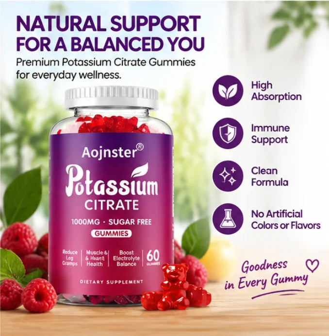 Aojnster Potassium Citrate Gummies 1000mg, Sugar Free Electrolyte Balance Support, 60 Gummy Bears