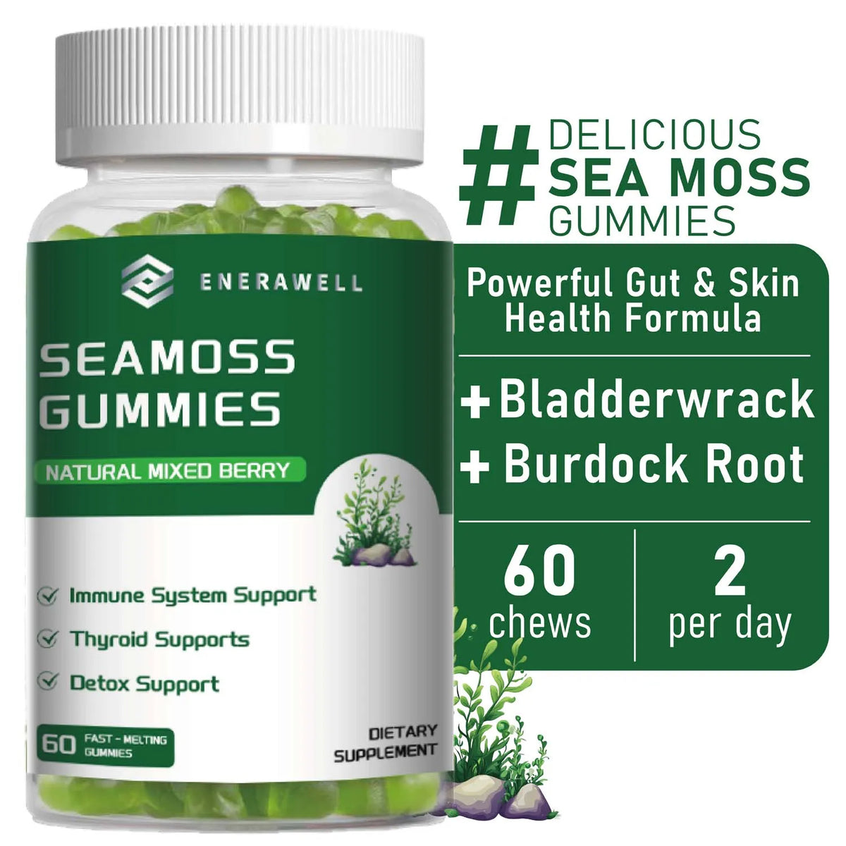 Sea Moss Gummies, Irish Sea Moss with Bladderwrack Burdock Root Elderberry & Black Cumin Seed Oil, Dietary Supplement, Immune System Support, 60 Gummies