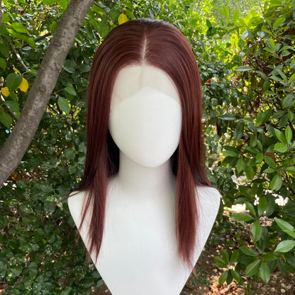 Red Brown Shoulder Length 13x4 Synthetic Lace Front Wigs Women Middle Part Synthetic Wigs Layers Glueless Wigs 150% Density Lady