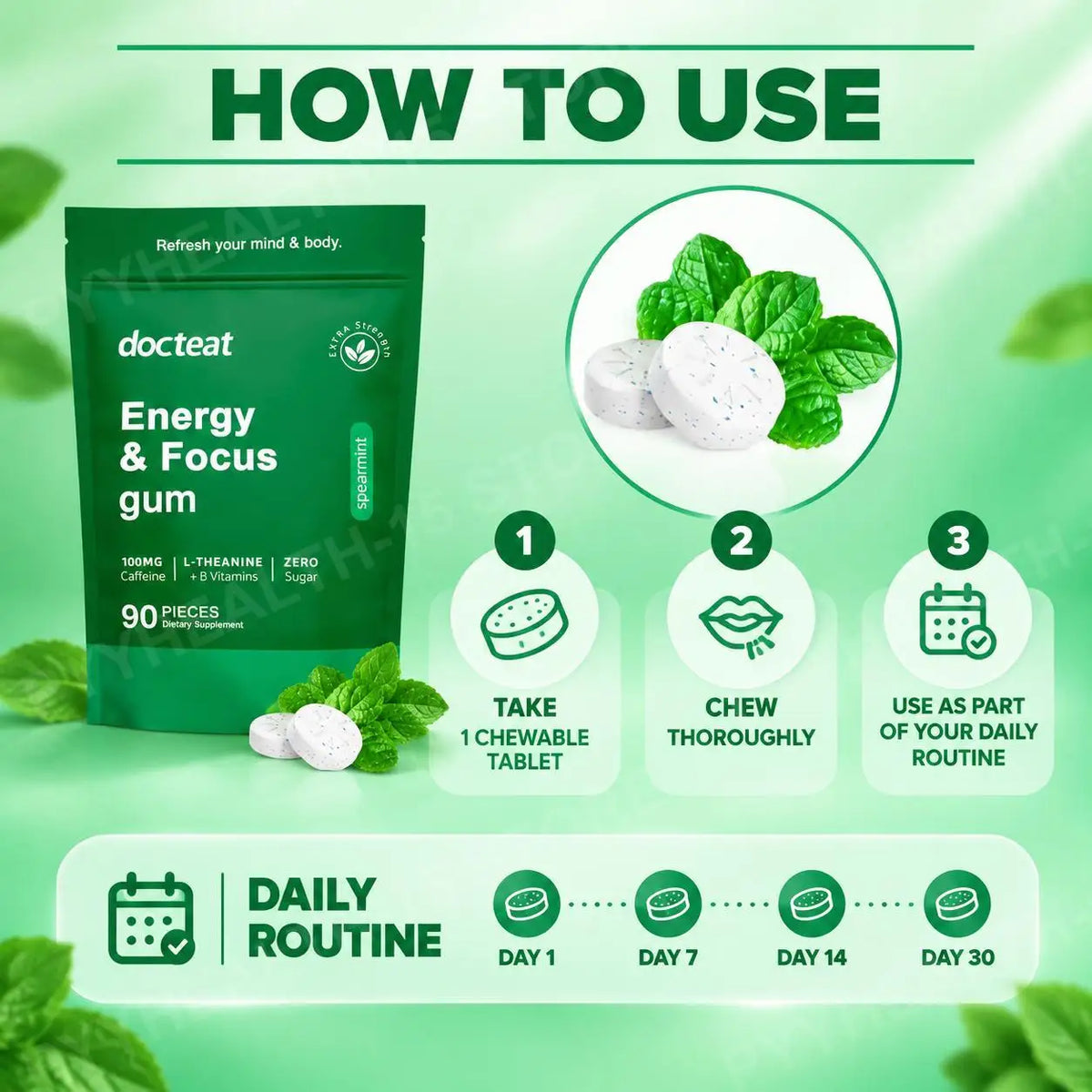 Energy & Focus Gum Extra Chewable Tablets with Natural Caffeine, L-Theanine, Vitamin B6 and B12, Sugar Free, 90 Pieces