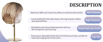 Short Layered Wavy Bob Wig with Bangs for Women Blonde Highlights Human Hair 12 Inches HD Lace Front Wigs With Dark Roots