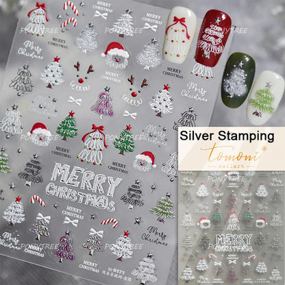 Tender Blue Christmas Tree Hanging Ball Ribbon Gold Star Snowflakes Bowknot Ring Adhesive Nail Charms Art Sticker Manicure Decal