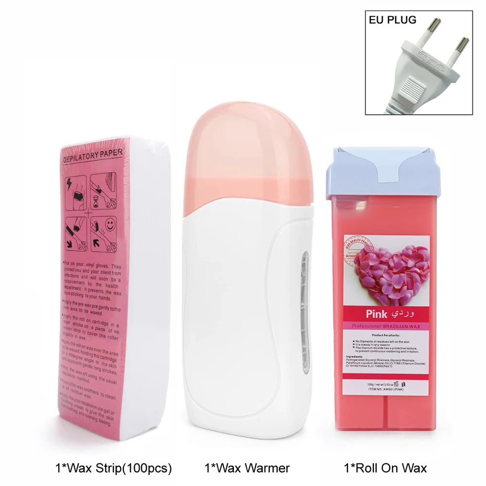 Women Home Hair Removal Kit Roll on Wax Warmer Honey Roller Wax Cartridge 100Pcs Depilatory Wax Strips Body Leg Arm Waxing Set