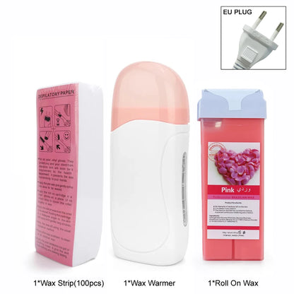 Women Home Hair Removal Kit Roll on Wax Warmer Honey Roller Wax Cartridge 100Pcs Depilatory Wax Strips Body Leg Arm Waxing Set