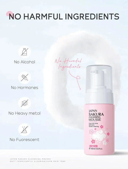 LAIKOU Japan Sakura Cleansing Mousse Gentle Foam Face Wash Even Skin Tone Deep Cleansing Non-Irritating Facial Cleanser 100ml