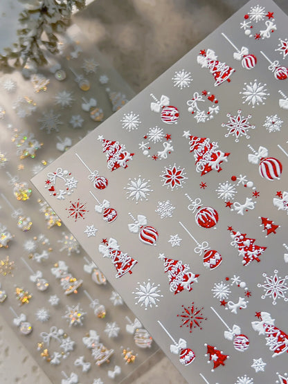 Tender Blue Christmas Tree Hanging Ball Ribbon Gold Star Snowflakes Bowknot Ring Adhesive Nail Charms Art Sticker Manicure Decal