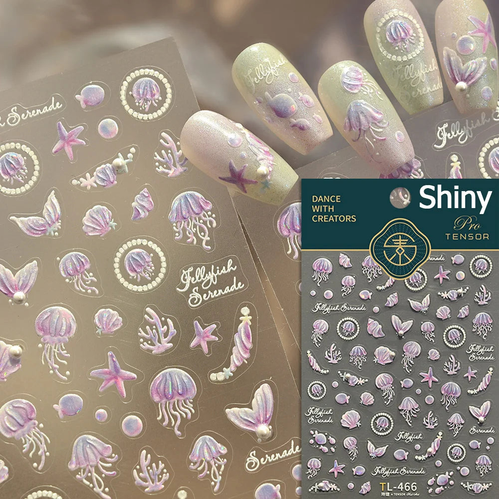 Gold Stamped Shell Conch Scallop Starfish Pearl 5D Embossed Self Adhesive Nail Art Stickers Delicate Ocean Style Manicure Decals