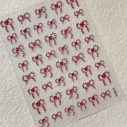 Cute Cartoon Christmas 5D Nail Stickers Red White Candy Cane Mint Cookie Gingerbread Man Snowflake Self Adhesive Nail Decals