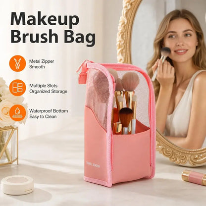 New Standing Makeup Brush Holder Bag 2 in 1 Travel Cosmetic Pouch Mesh Waterproof Portable Toiletry Storage Organizer