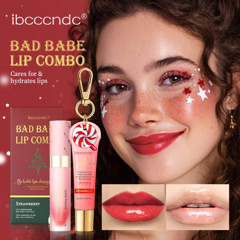 Christmas Gift 3Pcs Glossy Lip Gloss Set Strawberry Lip Balm And Lip Gloss Combo Long Lasting Hydrating Plump Lips