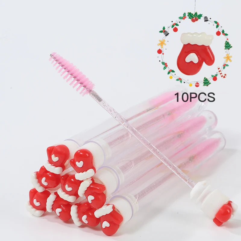 10Pcs Christmas Eyelash Brushes Set Santa Mascara Wand with Case Spoolie Eyebrow Comb Festive Makeup Tool Xmas Gift for Women