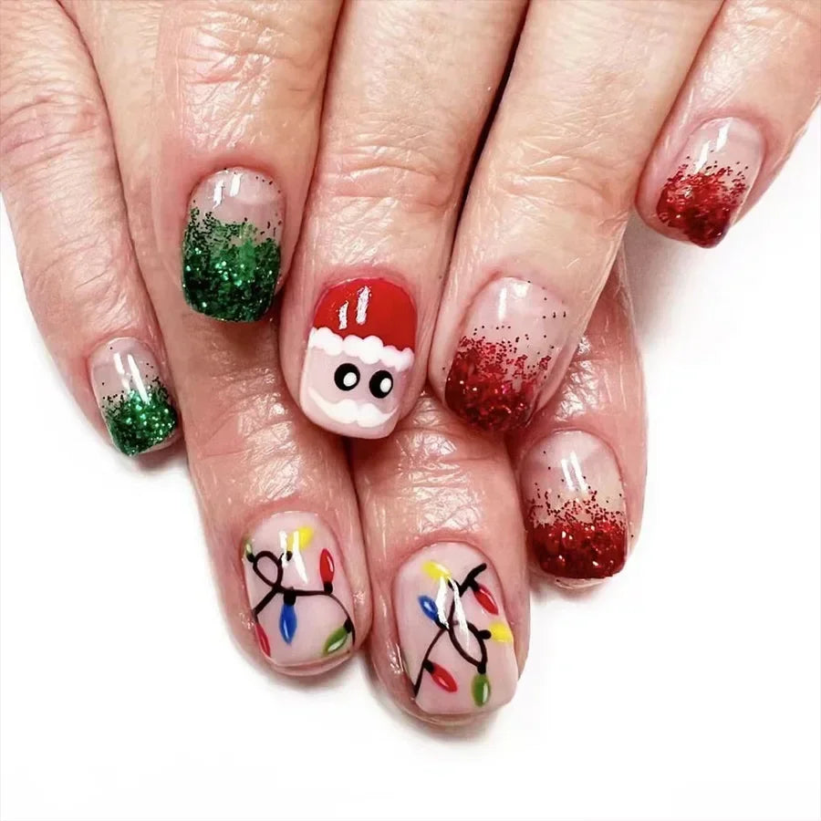 24Pcs Short Oval Press-On Nails - Cute Gingerbread & Candy Cane Christmas Designs, Perfect for Holiday Parties for Women&Girls
