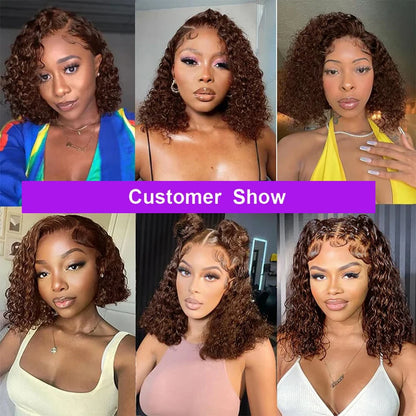 Chocolate Brown 200% Density Deep Curly 13x4 Lace Frontal Bob Wig Water Wavy Human Hair Wigs Pre Plucked Virgin Wet And Hair #4