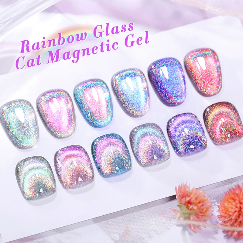 BORN PRETTY 10ml Rainbow Glass Cat Magnetic Nail Gel Polish Sparkling Double Light Reflective Glitter Colorful Laser Varnish