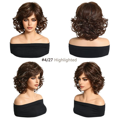 Short Curly Brown Wig with Blonde Highlights Women Synthetic Bob Wigs Natural Looking Side Bangs Heat Resistant For Daily Party