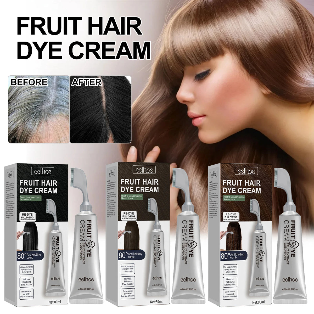 Fruit and Vegetable Hair Cream, Naturally Gentle, Long-Lasting, Does Not Damage Scalp or Hair, Easy to Color, Black Hair Cr