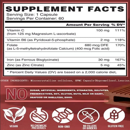 bisglycinate iron supplement -30mg containing vitamin C, B12, folic acid - high absorption, gluten free, non GMO -60 capsules