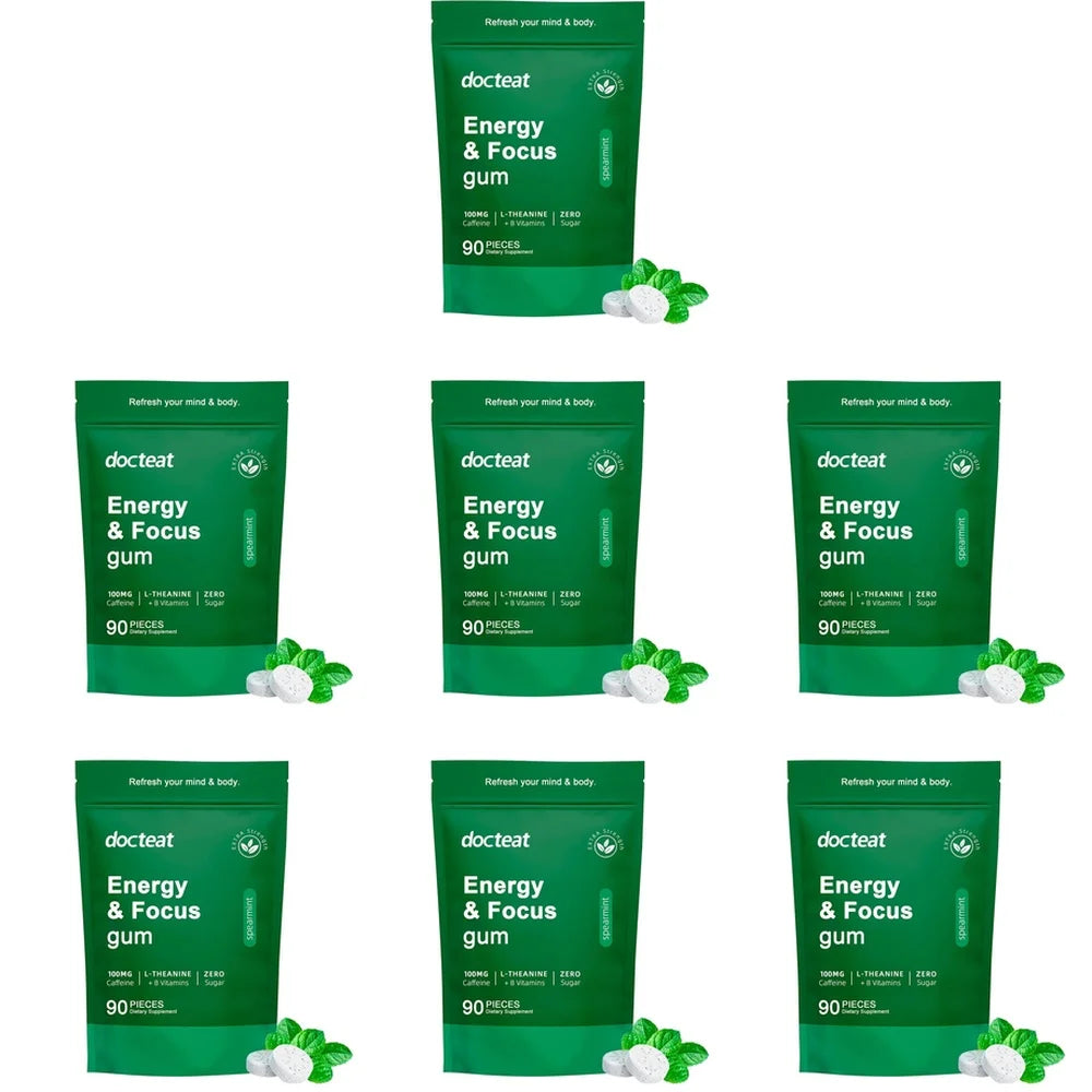 Energy & Focus Gum Extra Chewable Tablets with Natural Caffeine, L-Theanine, Vitamin B6 and B12, Sugar Free, 90 Pieces