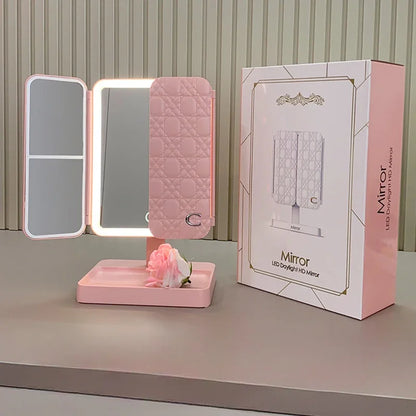 Tri-Fold LED Makeup Mirror 3 Tone Lights Portable Compact Desktop Vanity Mirror 2X/3X Magnifying Rotable Lighted Makeup Mirror