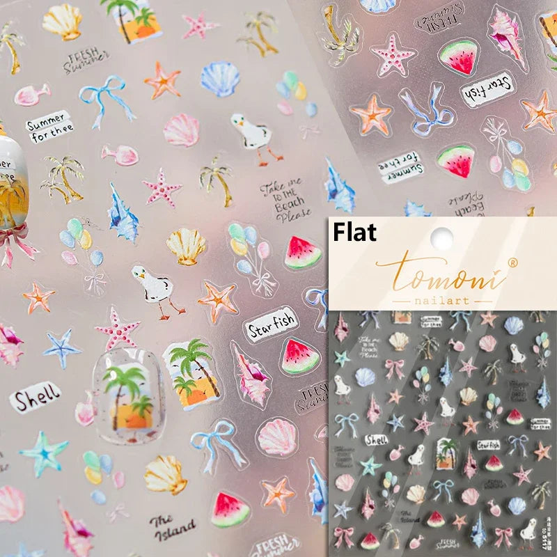 Gold Stamped Shell Conch Scallop Starfish Pearl 5D Embossed Self Adhesive Nail Art Stickers Delicate Ocean Style Manicure Decals