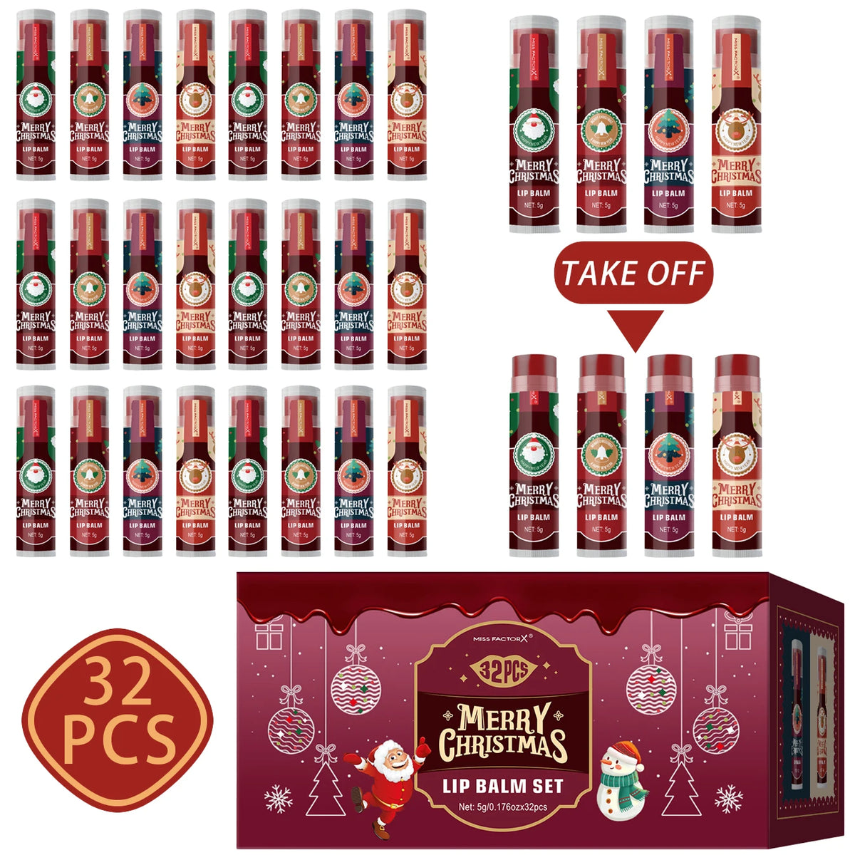 32 Pieces/Box Christmas Hot Red Wine Theme Lipstick Set - Colored Lipstick, Natural Luster, Moisturizing, Light and Non Sticky