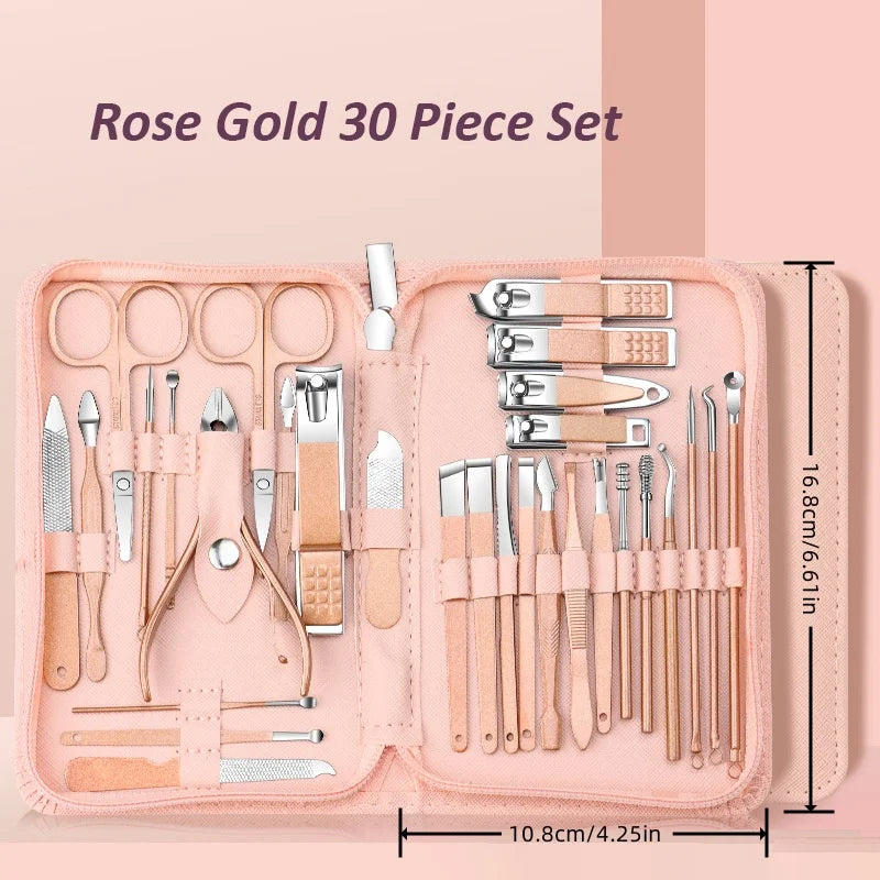 30Pcs Manicure Pedicure Kit Nail Clippers Kit Professional Stainless Steel Nail Care Tool Toenail Clipper Cutters Travel Case
