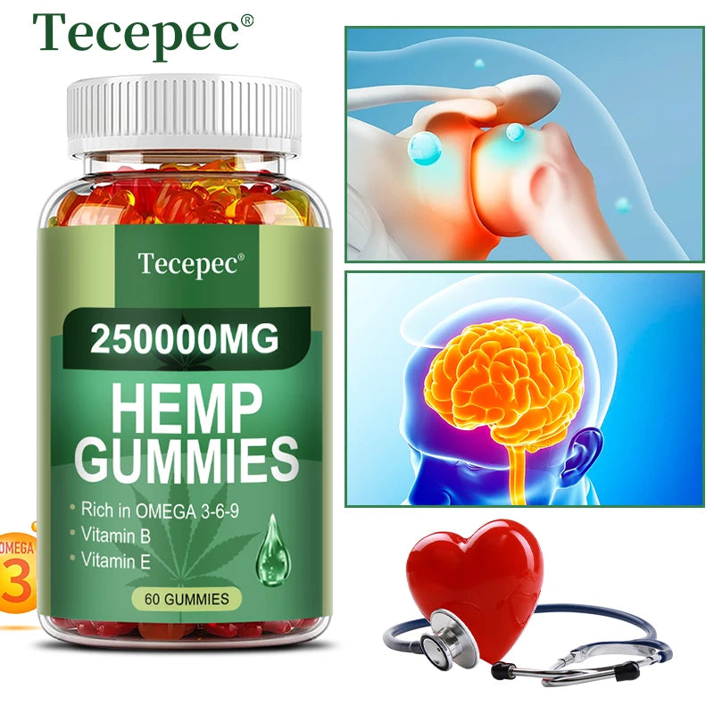 Contains Omega 3-6-9 Vitamin B, E Gummies - Stress Relief, Sleep, Mood, Skin, Nails, Focus, Joint Support, Non-GMO Supplement