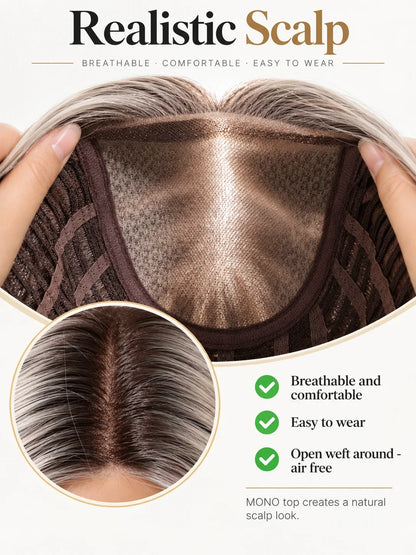 MONO Glueless Bob Wig for Women Ash Brown Highlight Synthetic Hair Middle Part Natural Scalp Lightweight Breathable