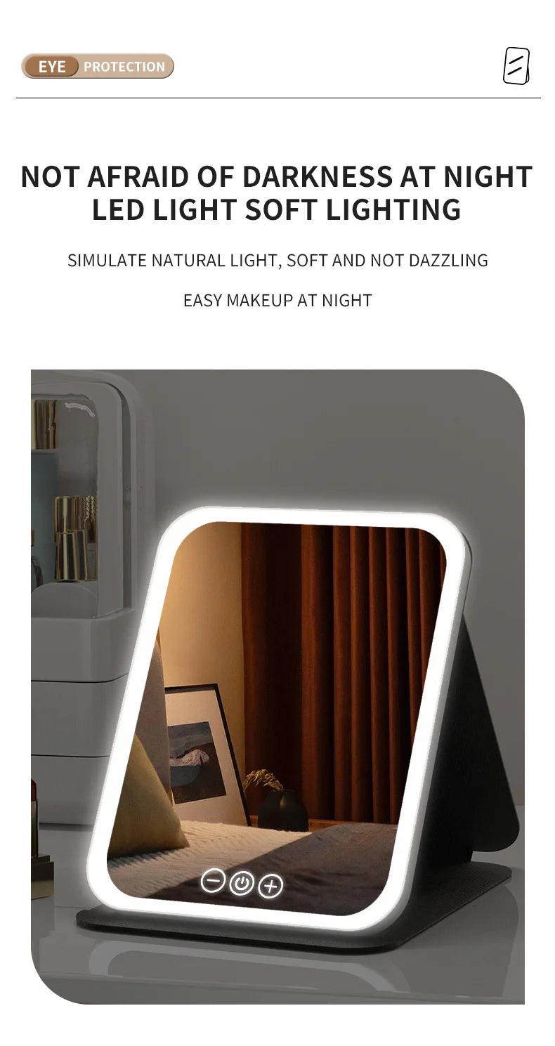 Makeup Mirror LED Dimmable Portable Foldable Design with Touch Screen 3 Colors Light Stepless USB Charging for Beauty Fashion