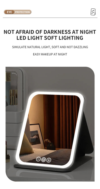 Makeup Mirror LED Dimmable Portable Foldable Design with Touch Screen 3 Colors Light Stepless USB Charging for Beauty Fashion