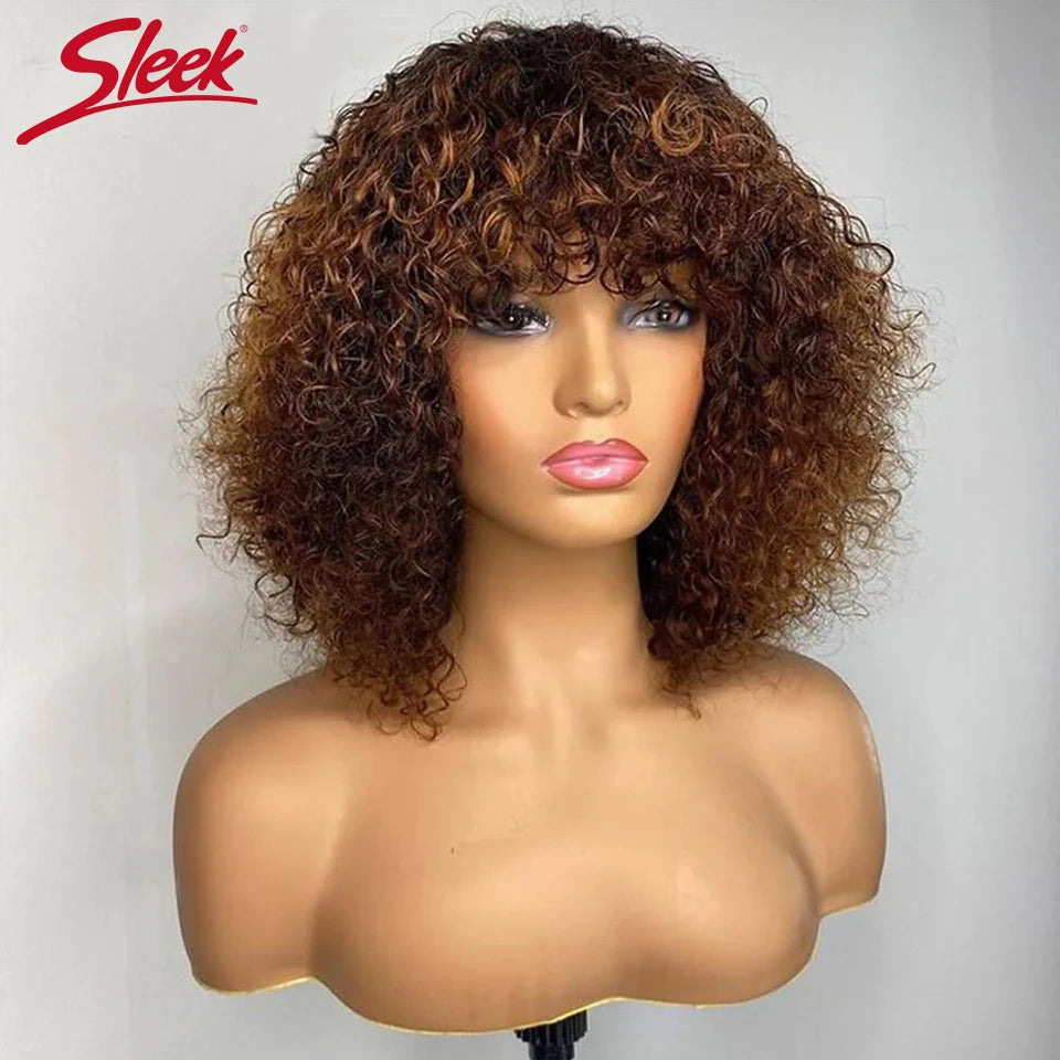 Brazilian Jerry Curly Short Bob Human Hair Wigs With Bangs Full Machine Wig Human Hair Wig Highlight Water Wave Wig For Women