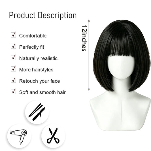 Natural Black Brown Bob Wigs Short Straight with Blunt Bangs Soft Synthetic Hair Heat Resistant For Women Cosplay Daily Wear