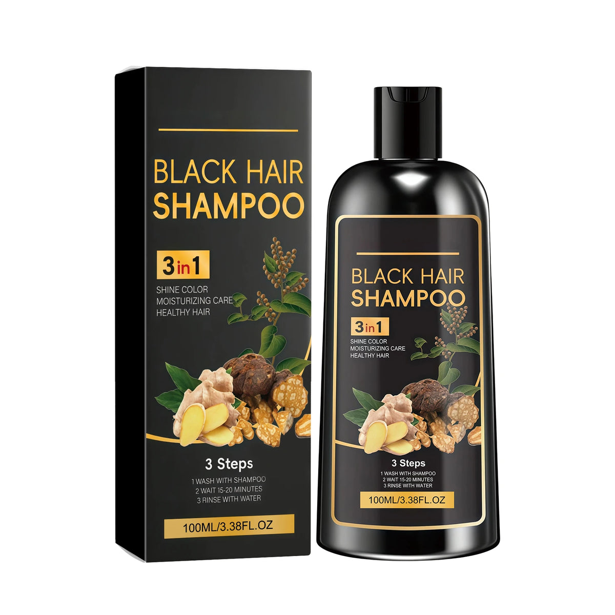 Natural Plant-Based Hair Coloring Shampoo Moisturizing Coverage Gray Hair Long-Lasting Black Color 3 in 1 Black Hair Dye Shampoo