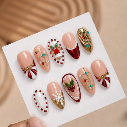 30pcs French Style Almond Press On Nails Christmas Theme DIY Party False Nails Gold Metal Beads Snowflake Desings Fake Nail