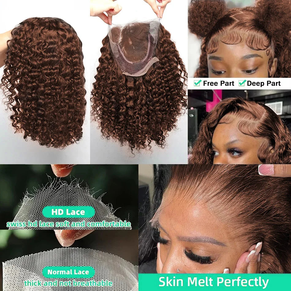 Chocolate Brown 200% Density Deep Curly 13x4 Lace Frontal Bob Wig Water Wavy Human Hair Wigs Pre Plucked Virgin Wet And Hair #4