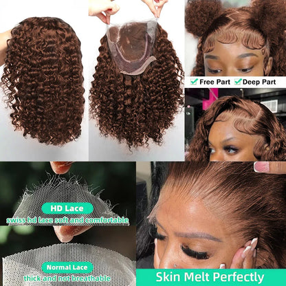 Chocolate Brown 200% Density Deep Curly 13x4 Lace Frontal Bob Wig Water Wavy Human Hair Wigs Pre Plucked Virgin Wet And Hair #4