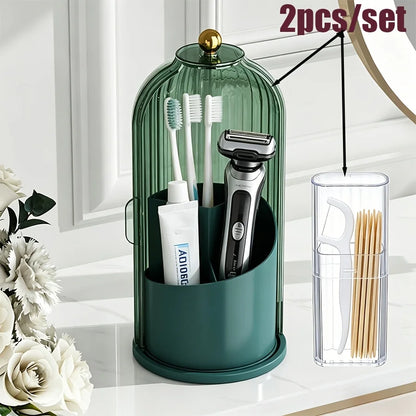2pcs 360° Rotating Dustproof Makeup Brush Storage Box, Sliding Door Cosmetic Storage Rack + Dental Floss Storage Box